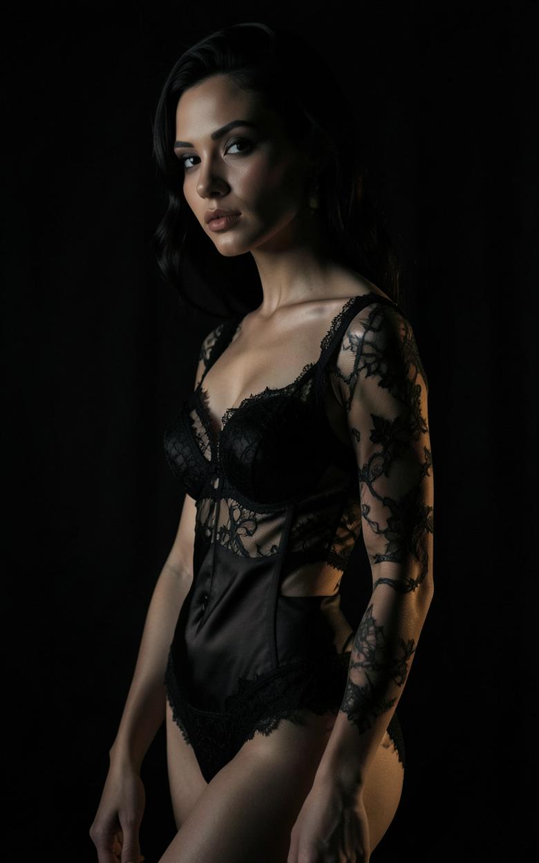 Lace bodysuit photographed in low light